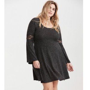 Torrid Charcoal GrayLace Inset Knit Skater Dress Bell Sleeves Scoop Neck